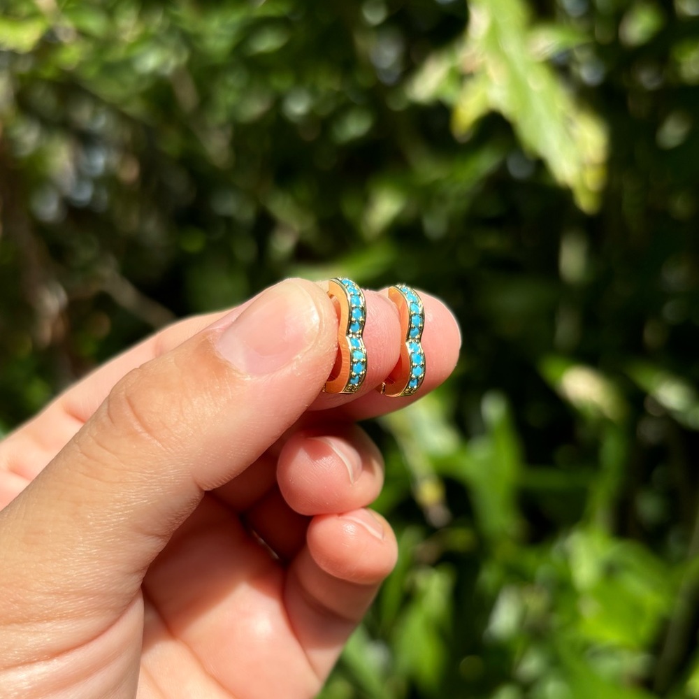 18K Gold Plated Stainless Steel Turquoise stone medium Heart Hoop Earrings